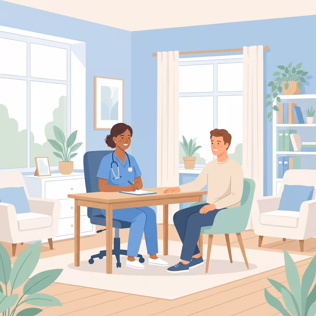 Ilustración de un médico explicando un tratamiento a un paciente